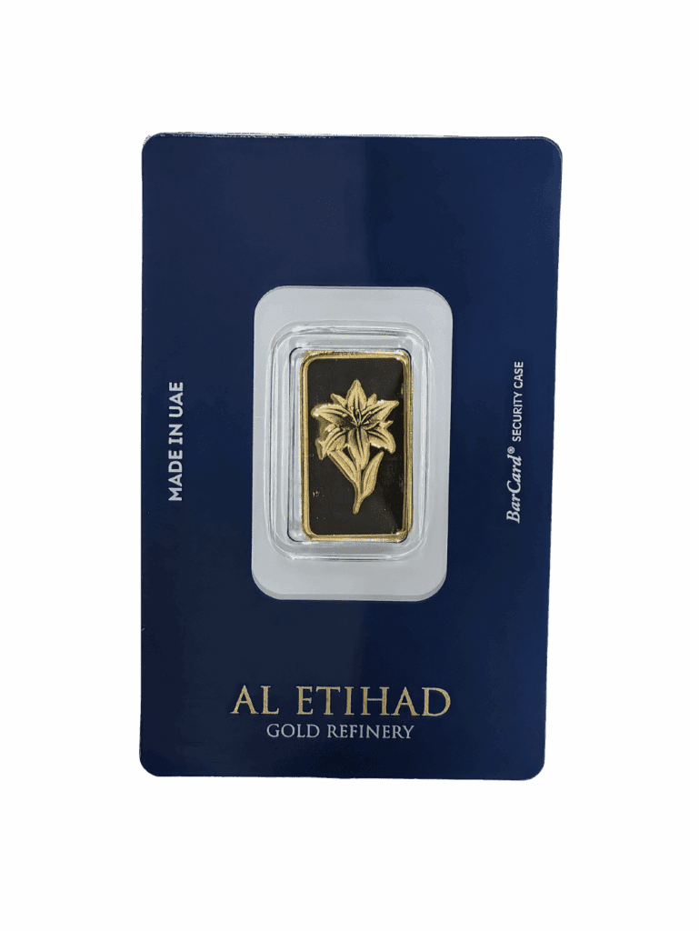 Al Etihad 5g Gold Bar featuring an elegant lily flower design, minted in Dubai