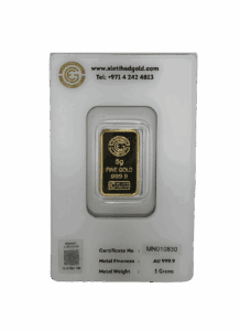 Al Etihad 5g Gold Bar featuring an elegant lily flower design, minted in Dubai
