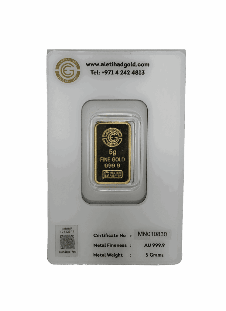 Al Etihad 5g Gold Bar featuring an elegant lily flower design, minted in Dubai