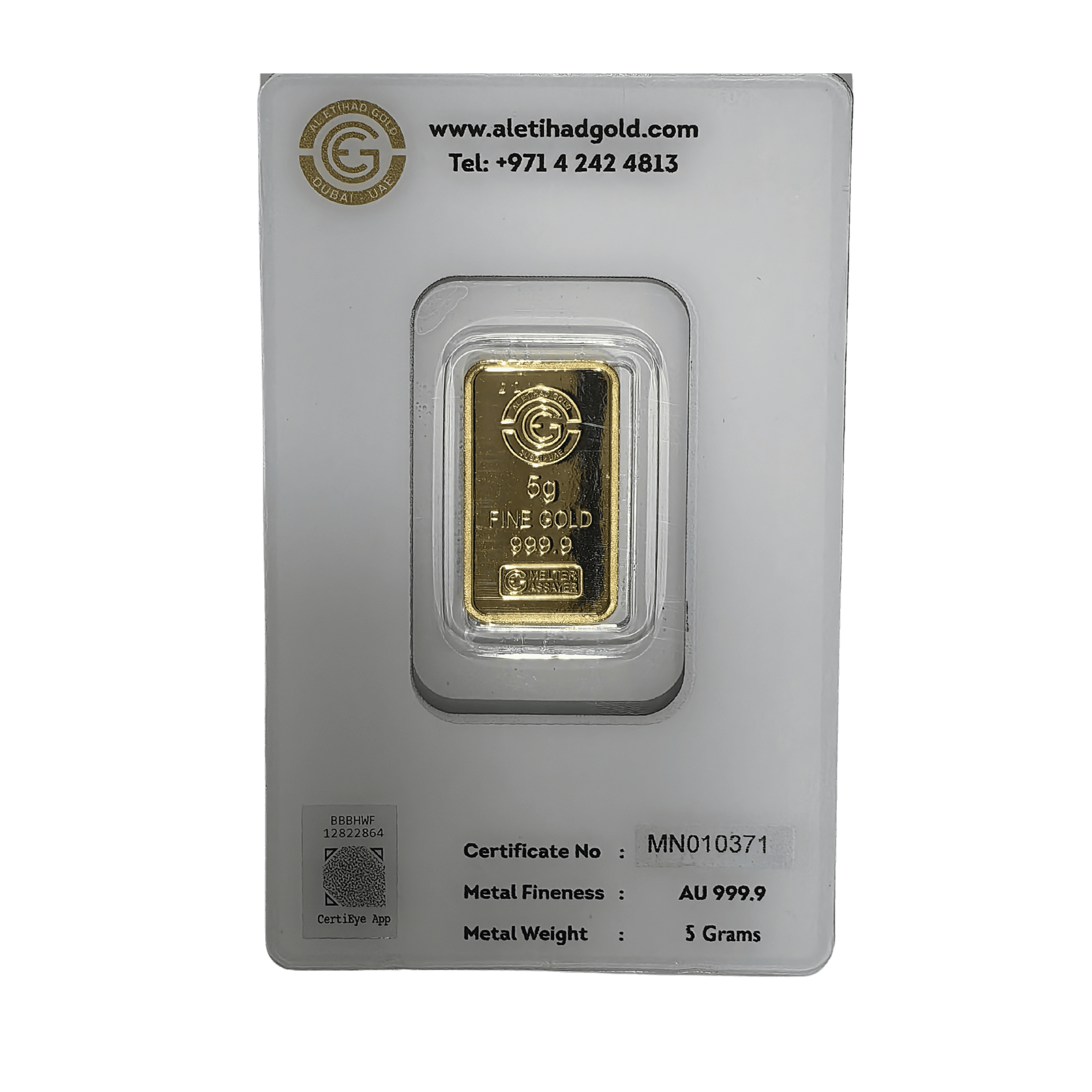 Al Etihad - Mecca 5 Grams Gold Bar – 999.9 Purity with Mecca design, certified by Al Etihad Gold, Dubai.