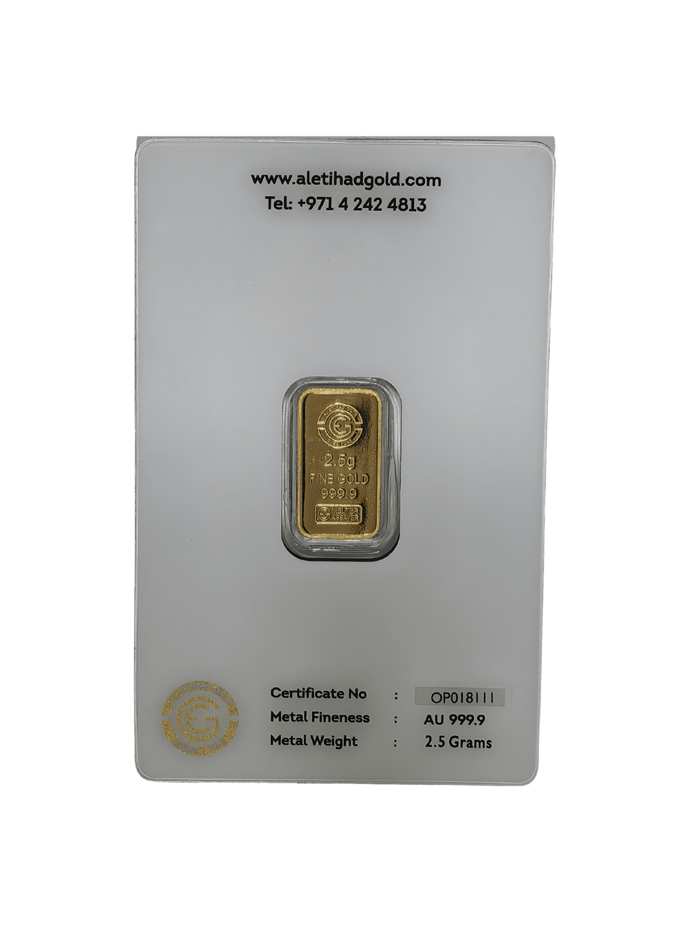 Al Etihad Butterfly 2.5g gold bar sealed in blue security case, 999.9 fine gold from UAE