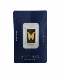 Al Etihad Butterfly 5g gold bar sealed in blue security case, 999.9 fine gold from UAE