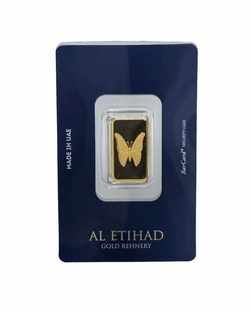 Al Etihad Butterfly 5g gold bar sealed in blue security case, 999.9 fine gold from UAE