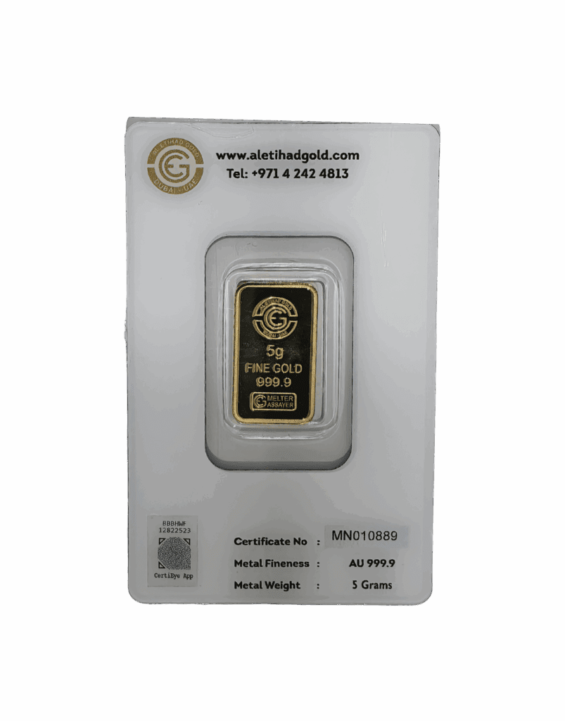 Al Etihad Butterfly 5g gold bar sealed in blue security case, 999.9 fine gold from UAE