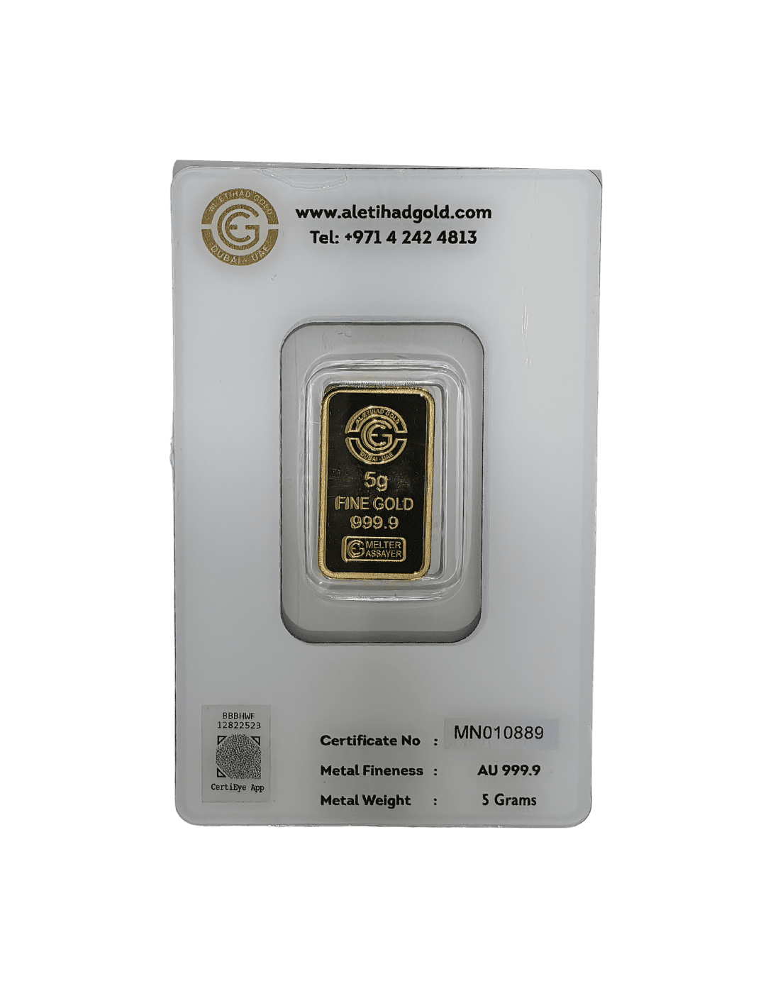 Al Etihad Butterfly 5g gold bar sealed in blue security case, 999.9 fine gold from UAE