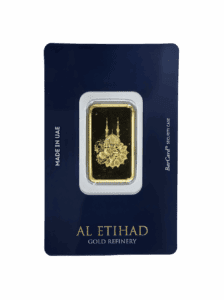 Al Etihad Madeena 10g Gold Bar featuring mosque and floral design in sealed packaging