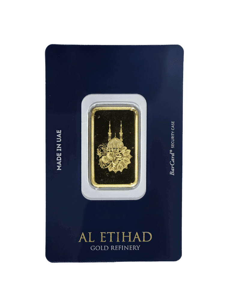 Al Etihad Madeena 10g Gold Bar featuring mosque and floral design in sealed packaging