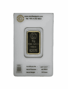 Al Etihad Madeena 10g Gold Bar featuring mosque and floral design in sealed packaging