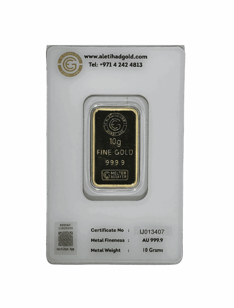 Al Etihad Madeena 10g Gold Bar featuring mosque and floral design in sealed packaging