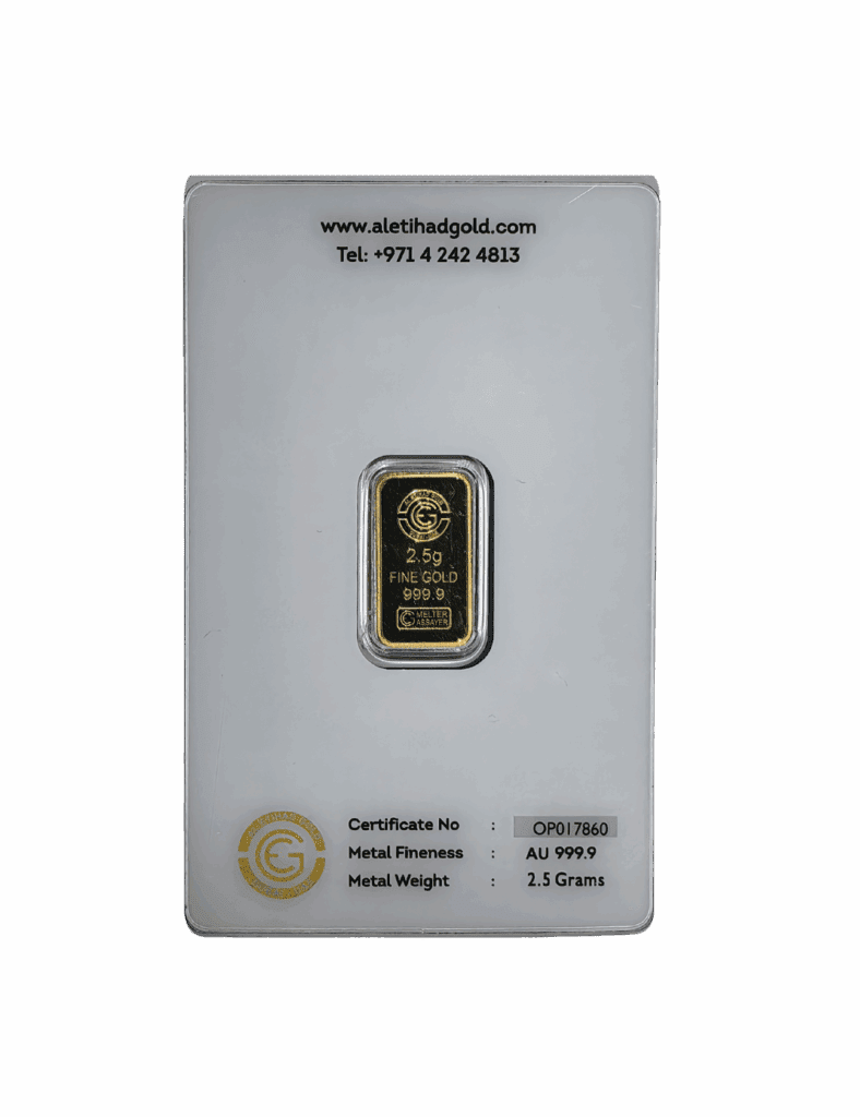 Al Etihad - Mecca 2.5 Grams Gold Bar – 999.9 Purity with Mecca design, certified by Al Etihad Gold, Dubai.