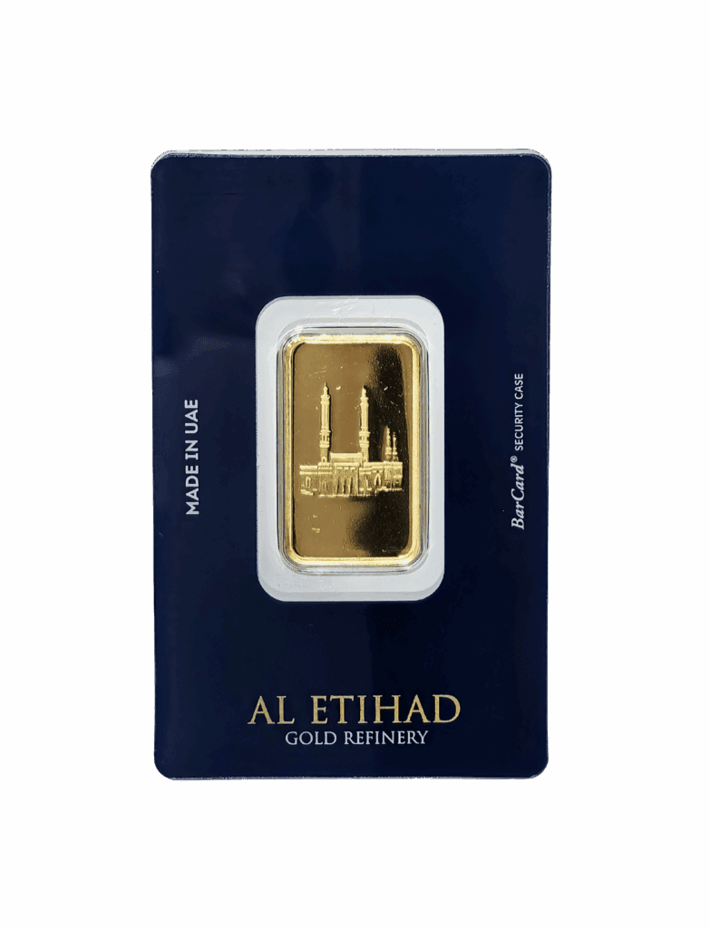 Al Etihad - Mecca 10 Grams Gold Bar – 999.9 Purity with Mecca design, certified by Al Etihad Gold, Dubai.