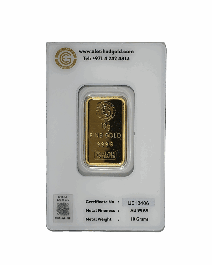 Al Etihad - Mecca 10 Grams Gold Bar – 999.9 Purity with Mecca design, certified by Al Etihad Gold, Dubai.