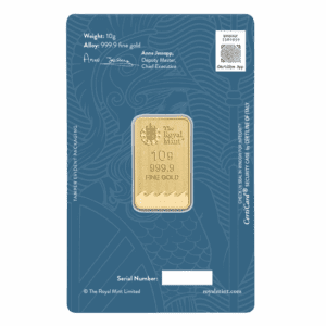 The Royal Mint Britannia 10 gram gold bar featuring Jody Clark’s design with trident and shield, enhanced with state-of-the-art security features.