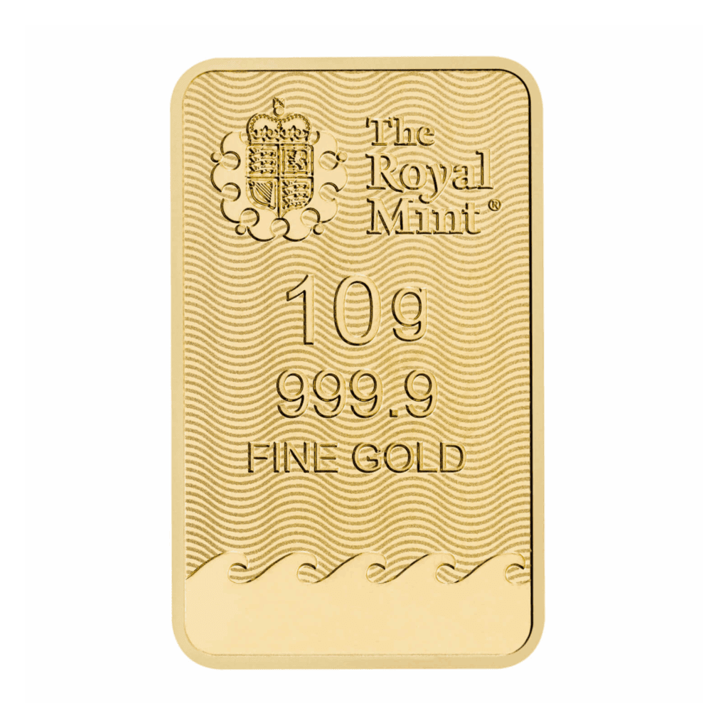 The Royal Mint Britannia 10 gram gold bar featuring Jody Clark’s design with trident and shield, enhanced with state-of-the-art security features.