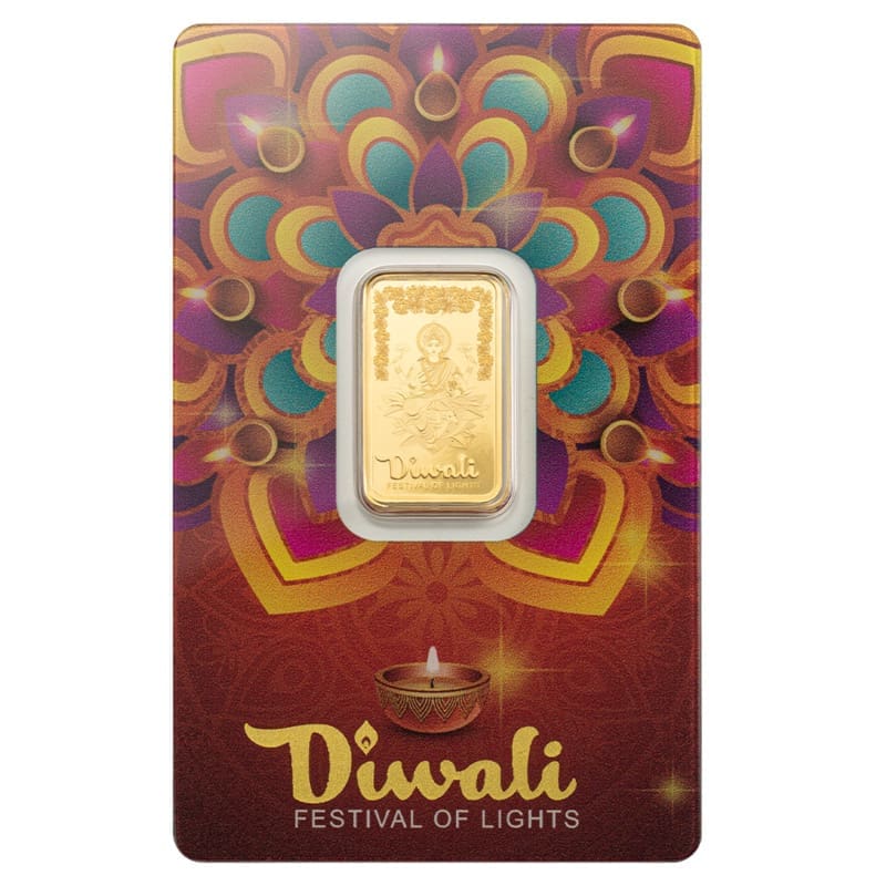 2025 PAMP Suisse Diwali Lakshmi & Rangoli 5g Gold Bar in CertiPAMP Assay Card with festive packaging
