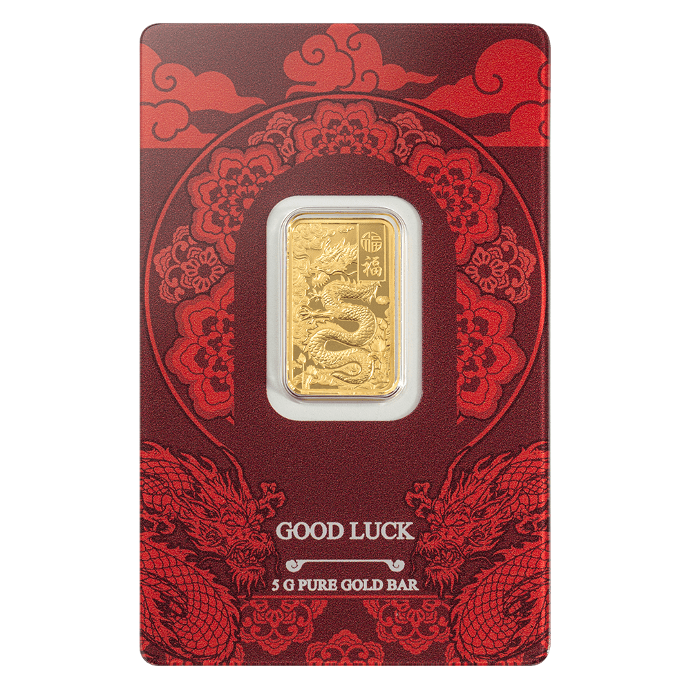 2025 PAMP Suisse Good Luck Yellow Dragon 5g 999.9 Gold Minted Bar in CertiPAMP Assay Card