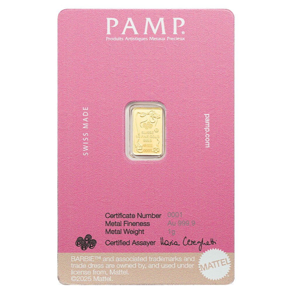 PAMP 1g Pure Gold Bar Iconic Barbie Edition in CertiPAMP Assay Card Packaging