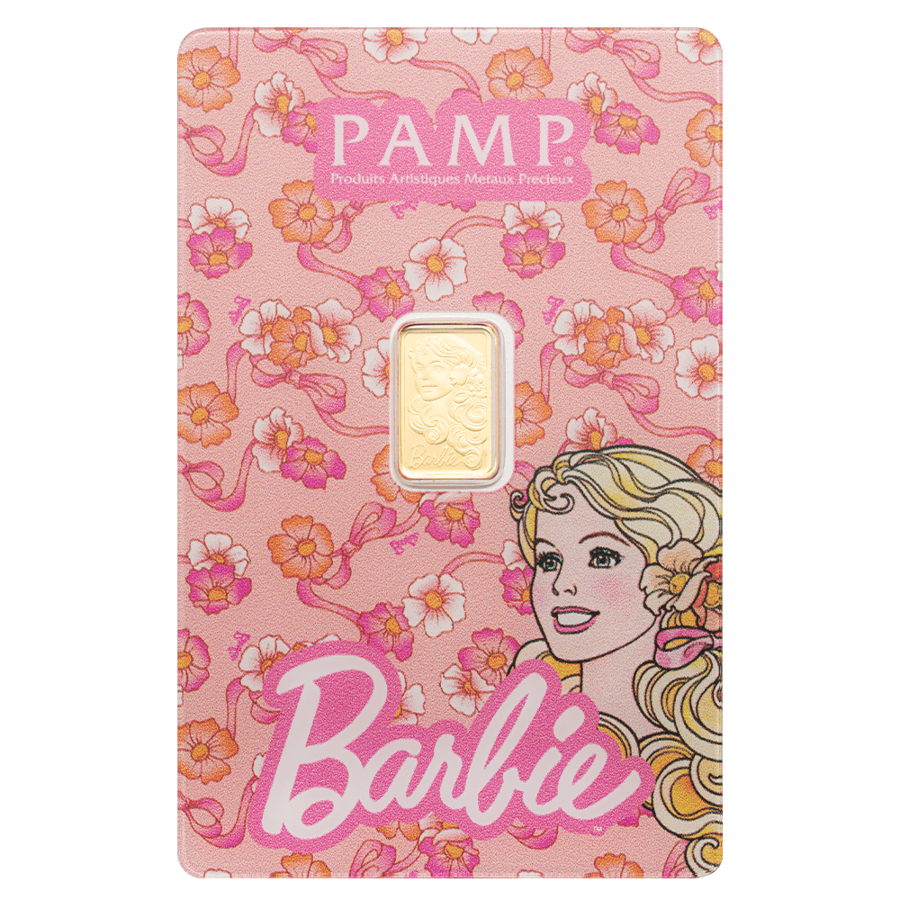 PAMP 1g Pure Gold Bar Iconic Barbie Edition in CertiPAMP Assay Card Packaging