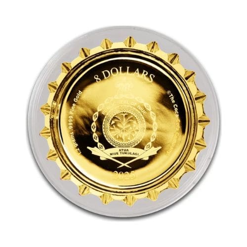 2025 Niue 1.2g Gold Coca-Cola bottle cap coin in red display box with certificate