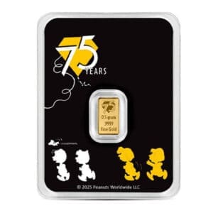 Peanuts Snoopy 75th Anniversary 0.5g Gold Bar in sealed assay card packaging