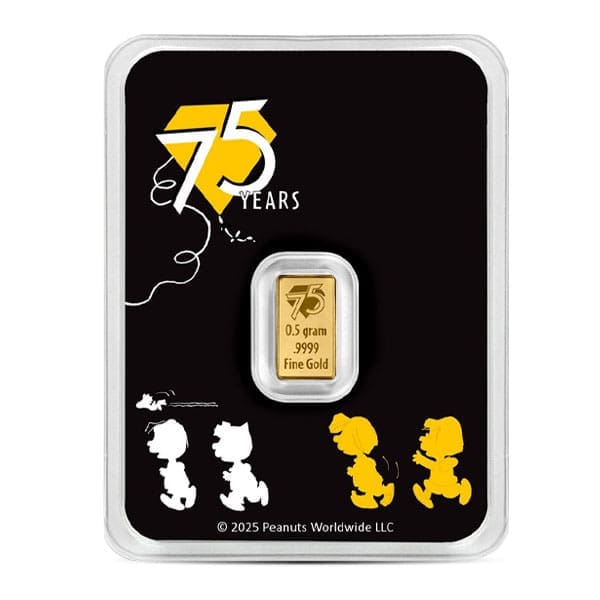 Peanuts Snoopy 75th Anniversary 0.5g Gold Bar in sealed assay card packaging