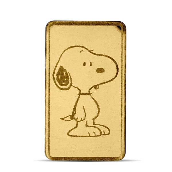 Peanuts Snoopy 75th Anniversary 0.5g Gold Bar in sealed assay card packaging