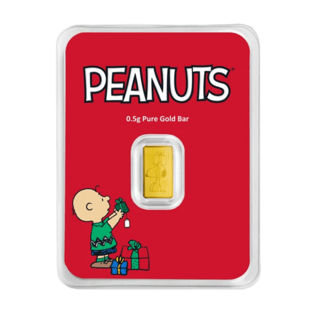 Peanuts Christmas Charlie Brown and Snoopy 0.5 gram 999.9 gold bar in sealed assay packaging