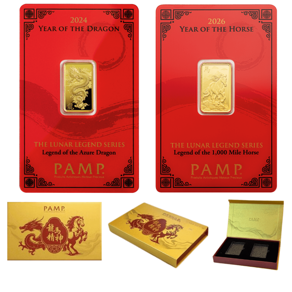 PAMP Suisse Lunar Horse and Dragon 5g Gold Bars Set in Golden Box with CertiPAMP assay cards