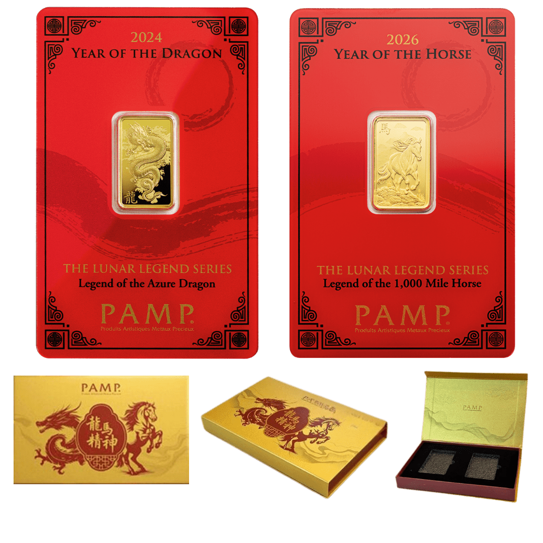 PAMP Suisse Lunar Horse and Dragon 5g Gold Bars Set in Golden Box with CertiPAMP assay cards
