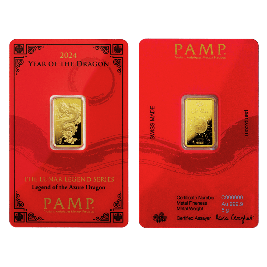 PAMP Suisse Lunar Horse and Dragon 5g Gold Bars Set in Golden Box with CertiPAMP assay cards