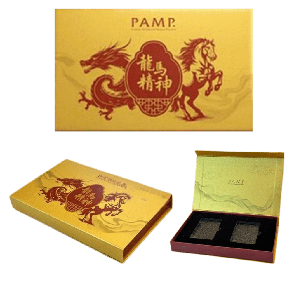 PAMP Suisse Lunar Horse and Dragon 5g Gold Bars Set in Golden Box with CertiPAMP assay cards