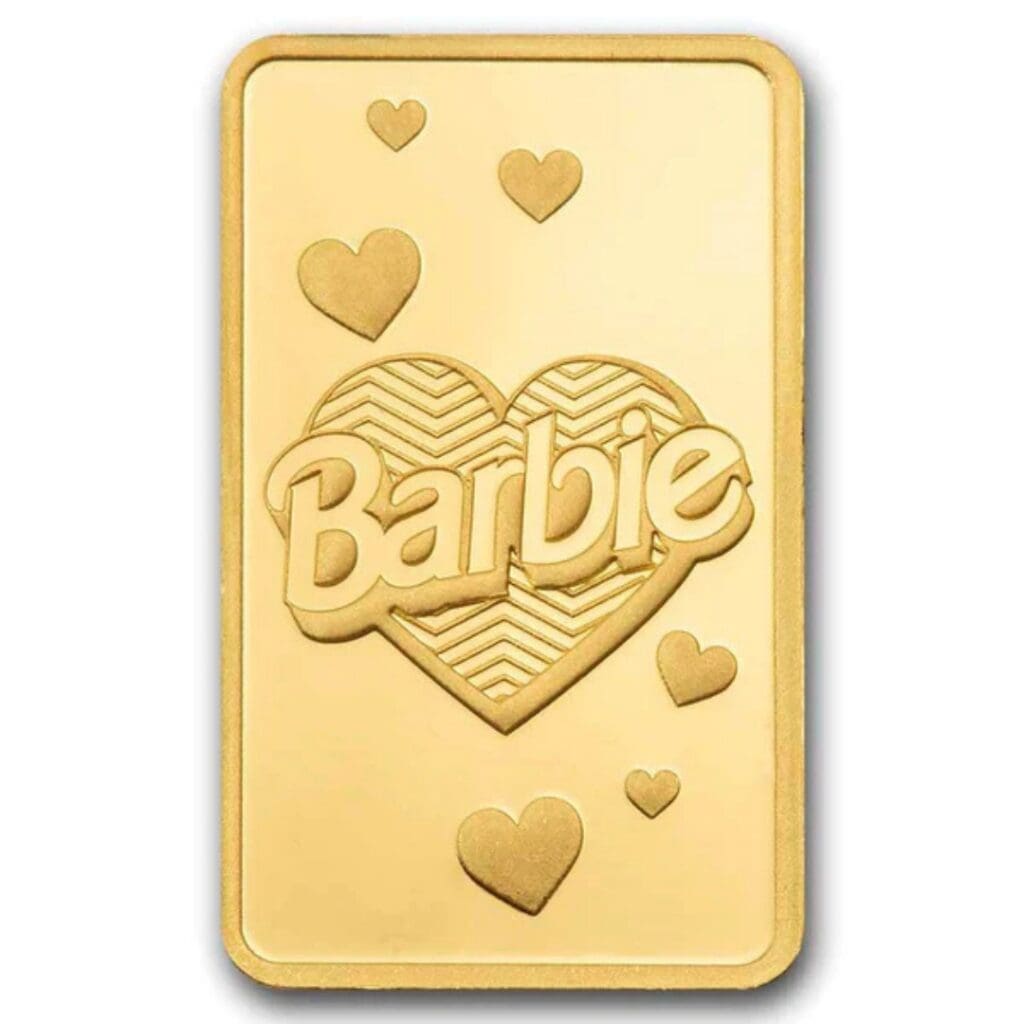 PAMP Suisse x Barbie™ Valentine’s Day 1g 999.9 gold bar in CertiPAMP packaging