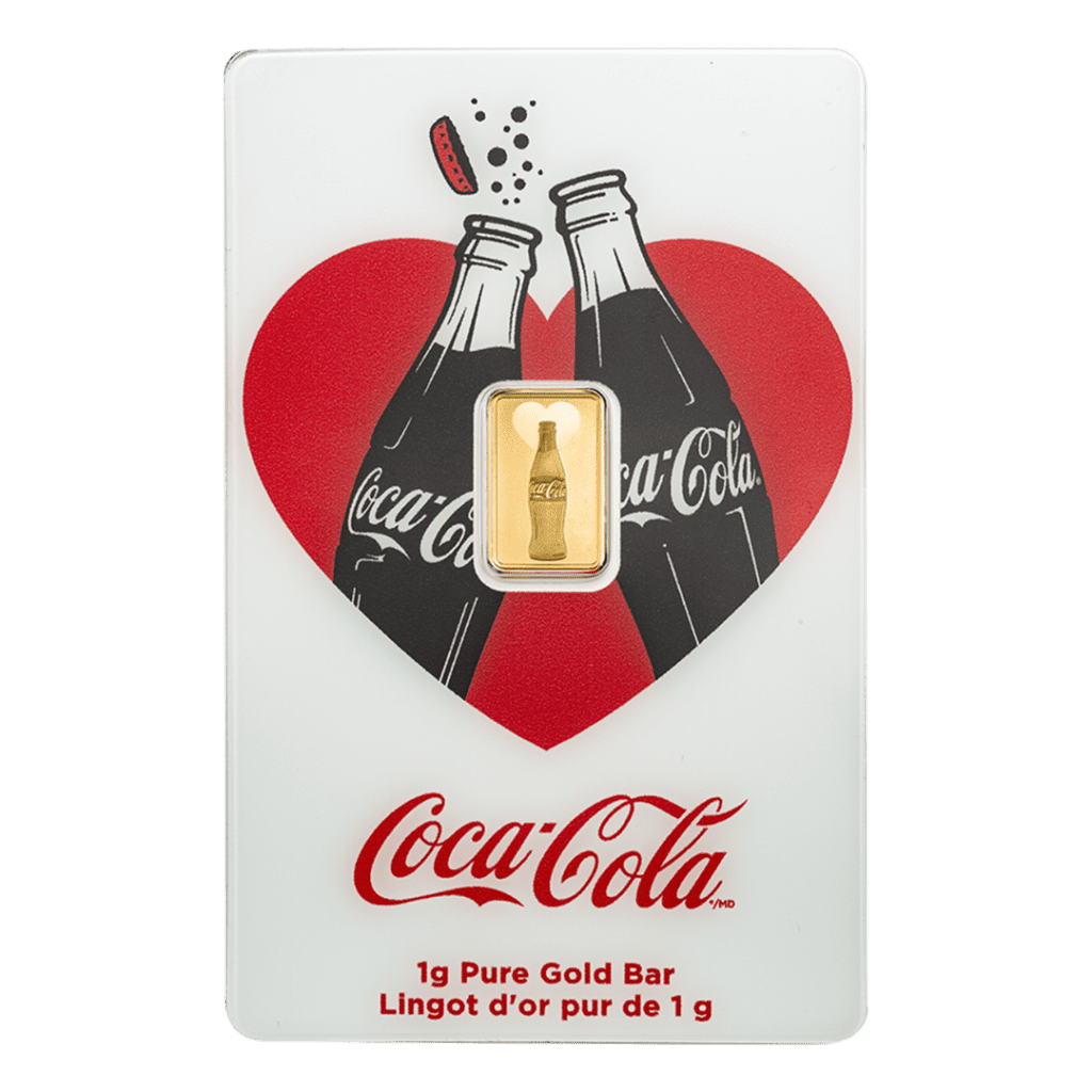 PAMP Suisse Coca-Cola® Love 1g gold bar in sealed CertiPAMP assay card with heart-themed Valentine design