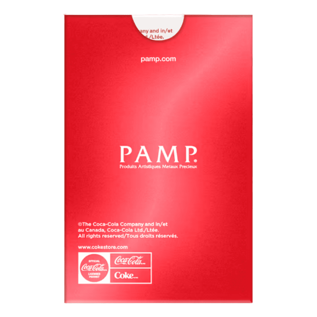 PAMP Suisse Coca-Cola® Love 1g gold bar in sealed CertiPAMP assay card with heart-themed Valentine design