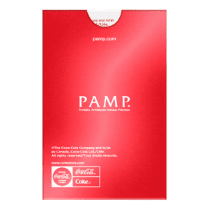 PAMP Suisse Coca-Cola® Love 1g gold bar in sealed CertiPAMP assay card with heart-themed Valentine design