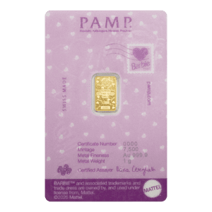 PAMP Suisse x Barbie™ Valentine’s Day 1g 999.9 gold bar in CertiPAMP packaging