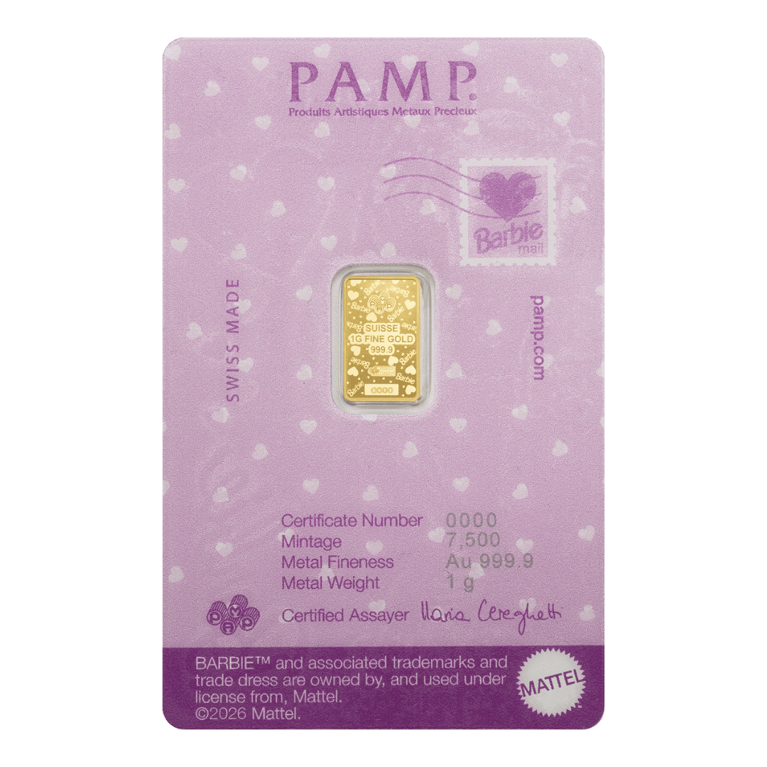 PAMP Suisse x Barbie&trade; Valentine&rsquo;s Day 1g 999.9 gold bar in CertiPAMP packaging