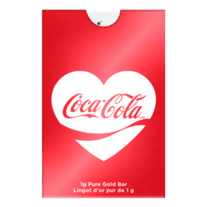 PAMP Suisse Coca-Cola® Love 1g gold bar in sealed CertiPAMP assay card with heart-themed Valentine design