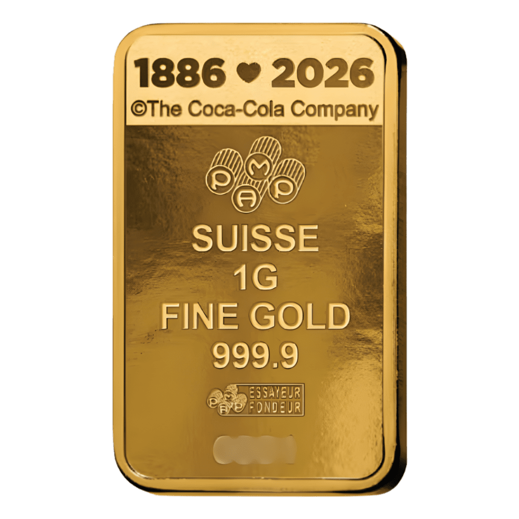 PAMP Suisse Coca-Cola® Love 1g gold bar in sealed CertiPAMP assay card with heart-themed Valentine design