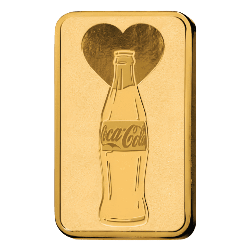 PAMP Suisse Coca-Cola® Love 1g gold bar in sealed CertiPAMP assay card with heart-themed Valentine design