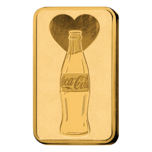 PAMP Suisse Coca-Cola® Love 1g gold bar in sealed CertiPAMP assay card with heart-themed Valentine design