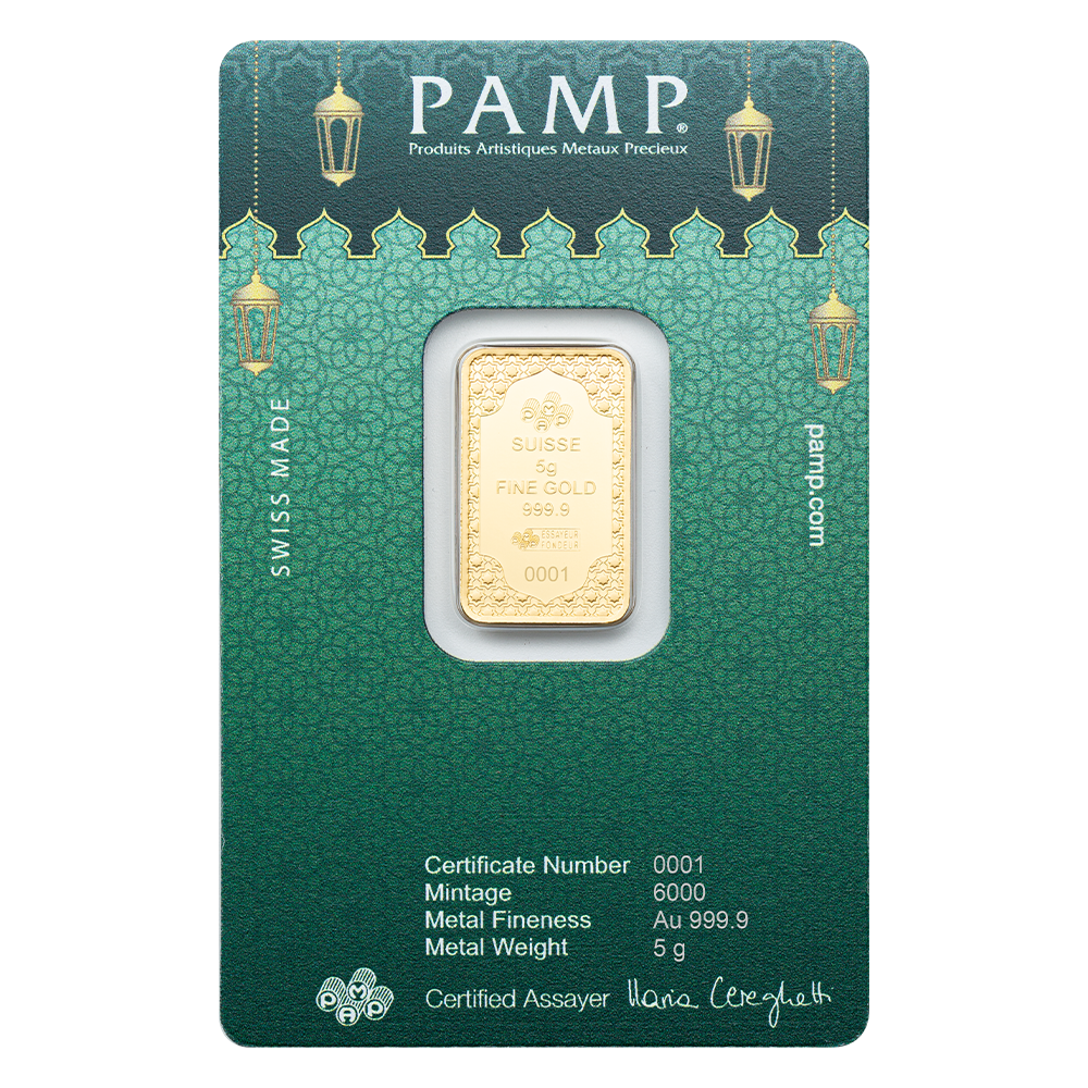 PAMP Suisse Eid Mubarak 5g 999.9 gold bar in CertiPAMP sealed packaging