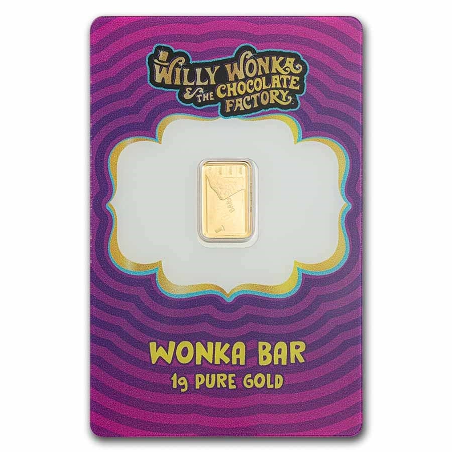 PAMP Suisse Willy Wonka 1g 999.9 gold bar in CertiPAMP packaging with chocolate bar design