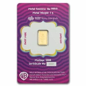 PAMP Suisse Willy Wonka 1g 999.9 gold bar in CertiPAMP packaging with chocolate bar design