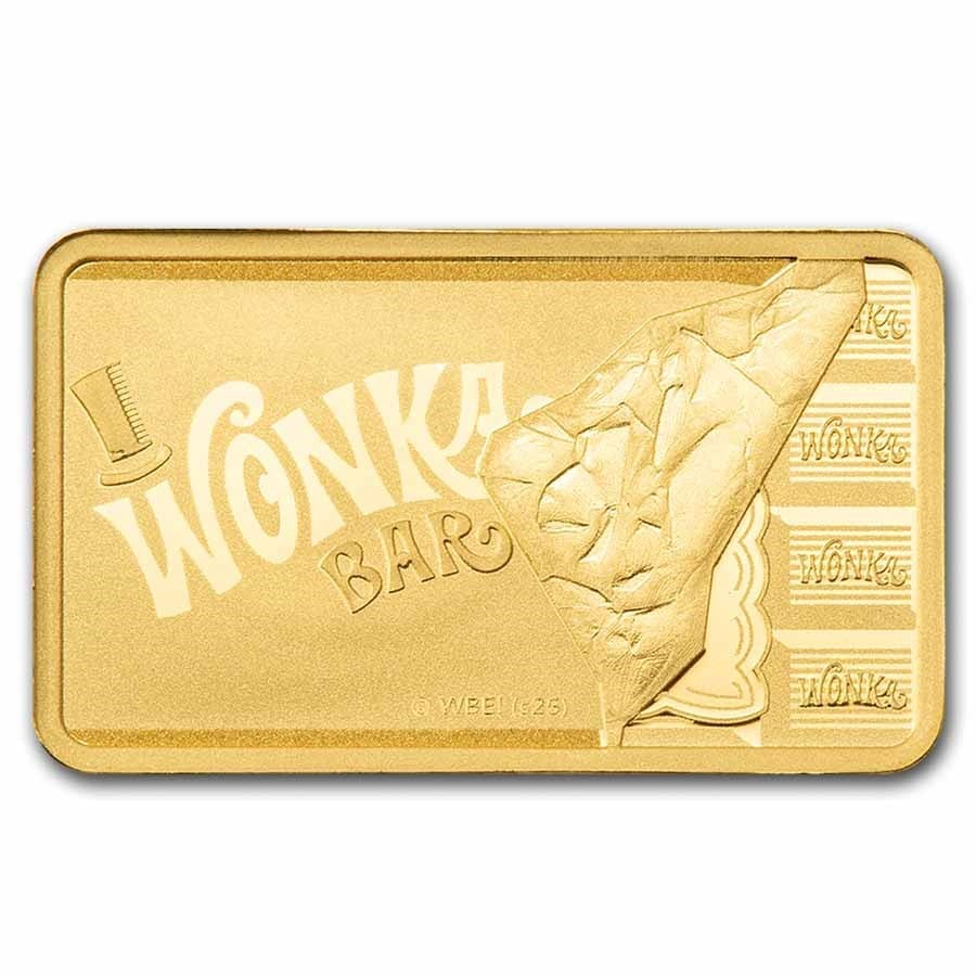 PAMP Suisse Willy Wonka 1g 999.9 gold bar in CertiPAMP packaging with chocolate bar design