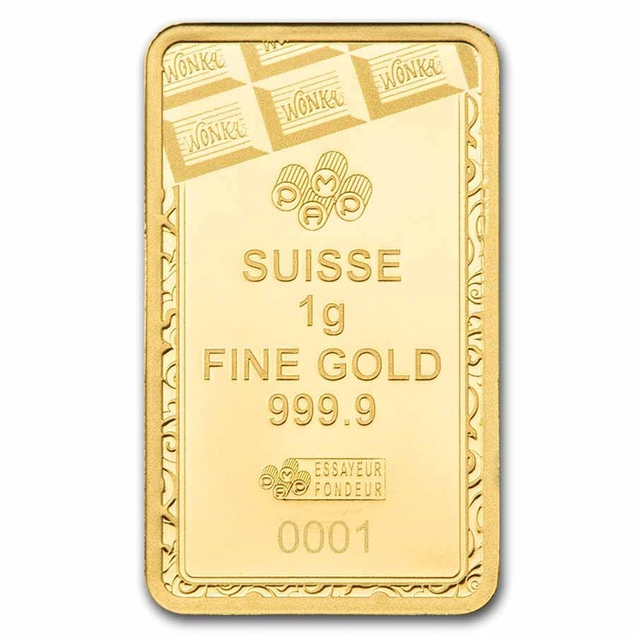 PAMP Suisse Willy Wonka 1g 999.9 gold bar in CertiPAMP packaging with chocolate bar design
