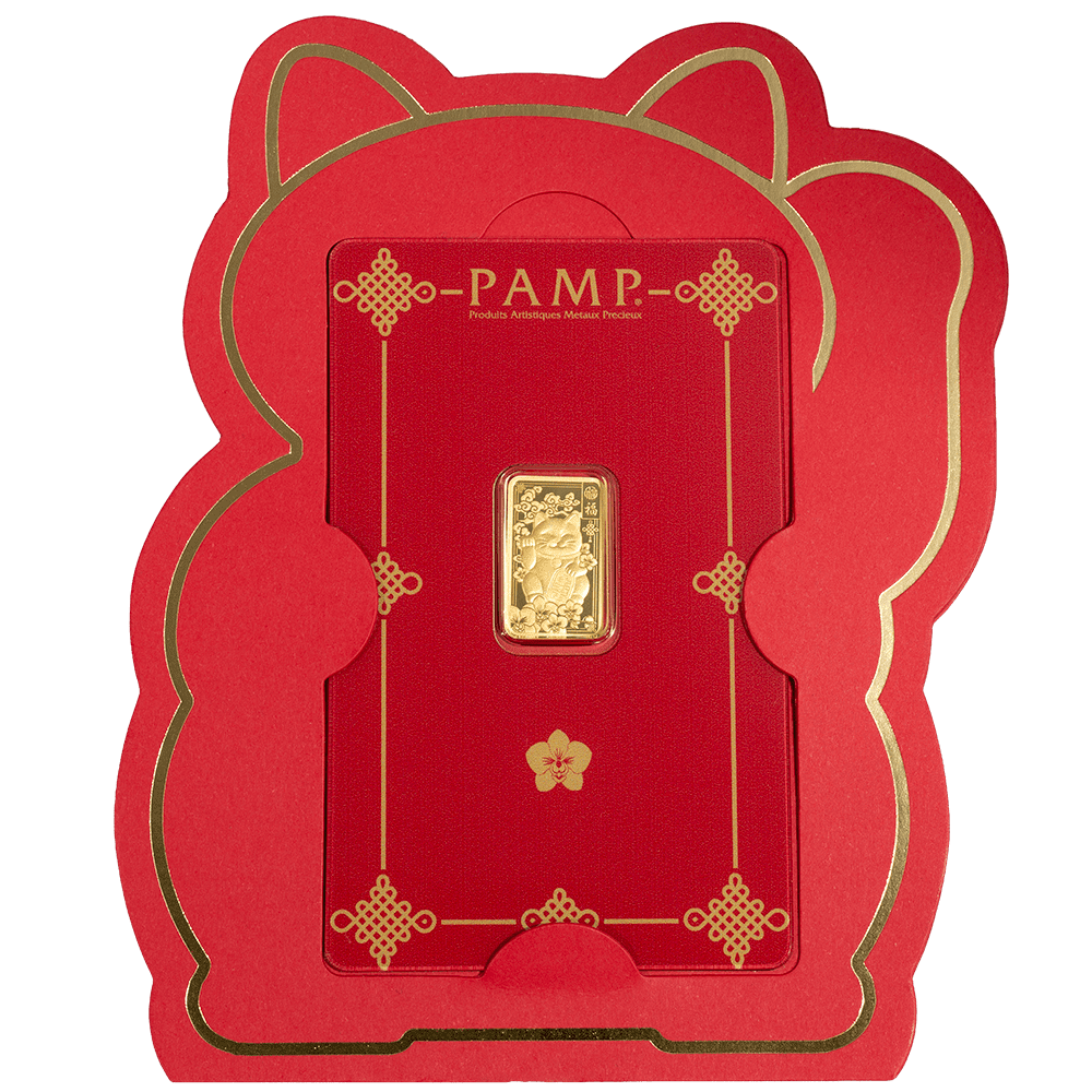 PAMP Suisse Lucky Cat 2.5g 999.9 gold bar in sealed CertiPAMP assay packaging