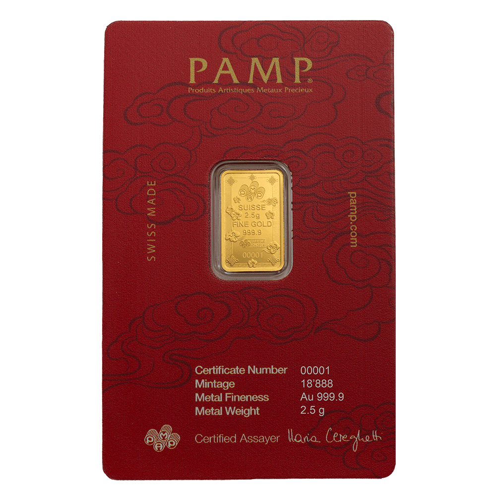 PAMP Suisse Lucky Cat 2.5g 999.9 gold bar in sealed CertiPAMP assay packaging