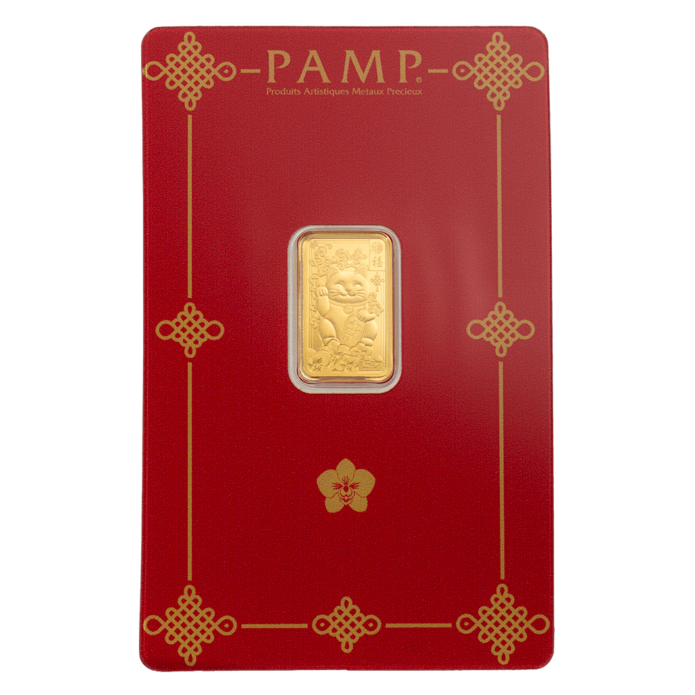 PAMP Suisse Lucky Cat 2.5g 999.9 gold bar in sealed CertiPAMP assay packaging