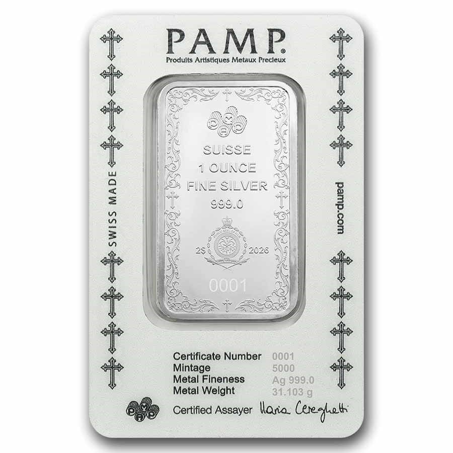PAMP Suisse Cross of Christianity 1 oz 999 silver bar in CertiPAMP assay card